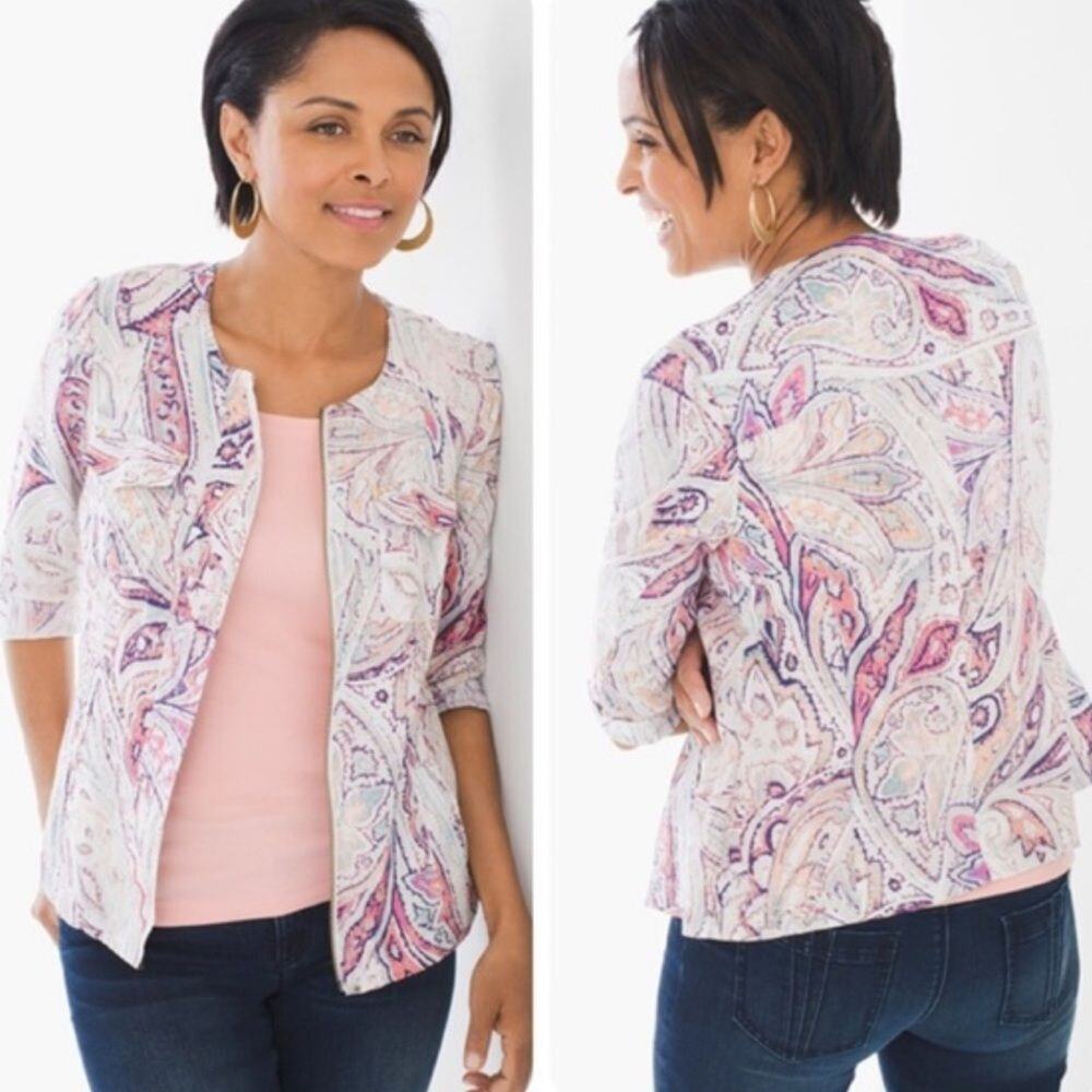 Chicos 100% Linen Multi Paisley Print 3/4 Sleeve Full Zip Up Jacket size XL 3